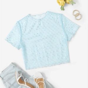Baby Blue Mesh Crop Top with Silver Metallic Polkadots and Lettuce Trim Hem NWOT
